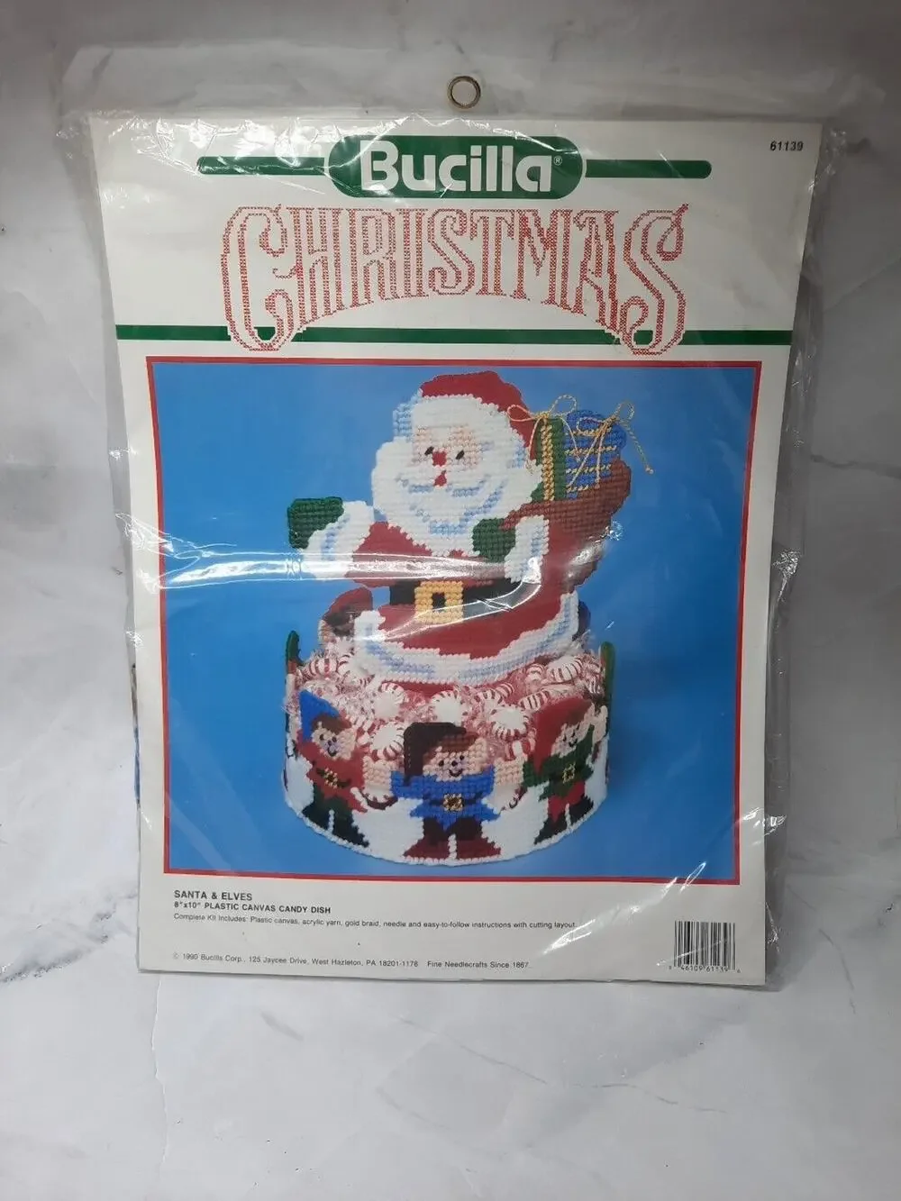 Vintage 1990 Bucilla Christmas Santa & Elves 61139 Plastic Canvas Candy Dish